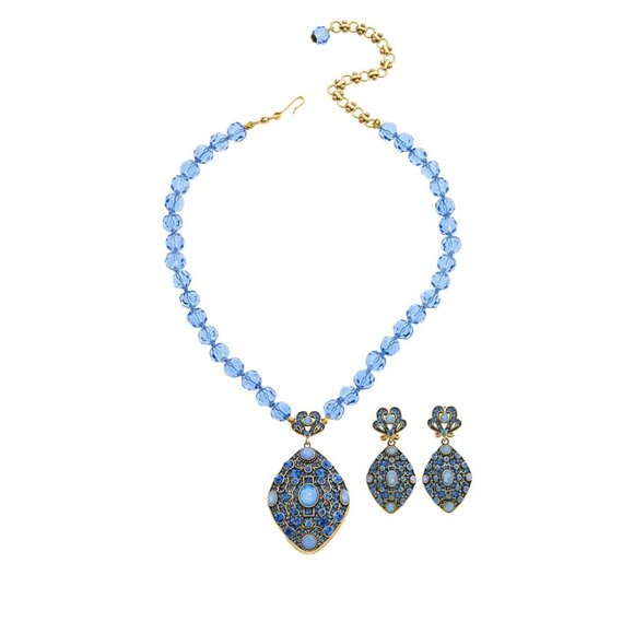 HEIDI DAUS "Sparkling Storyteller" Locket Necklace & Earrings Set ~Pierced, Blue - Picture 3 of 6